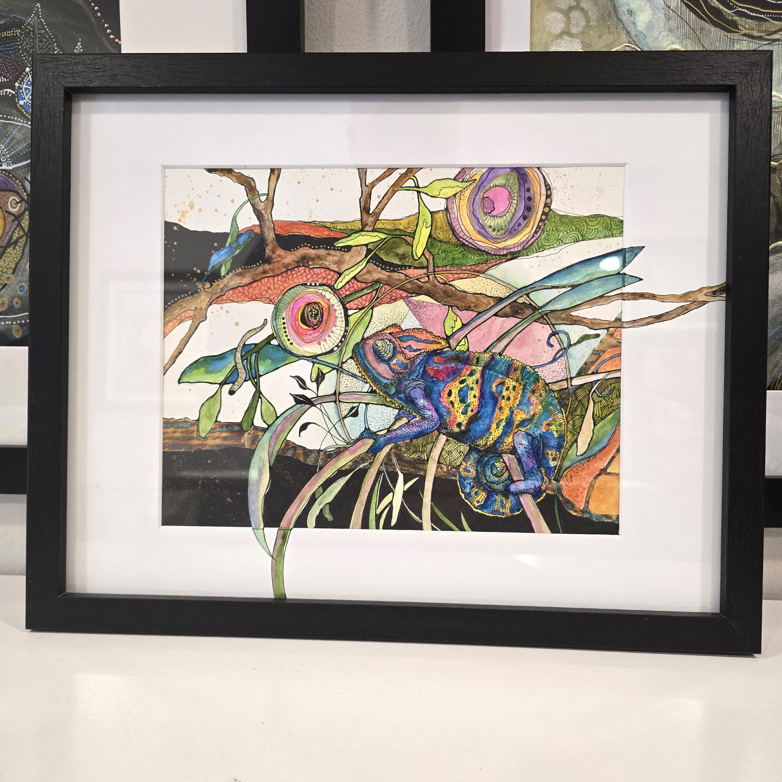 Meet Kevin chameleon - framed Meet Kevin Chameleon watercolor by Connie Pickering Stover