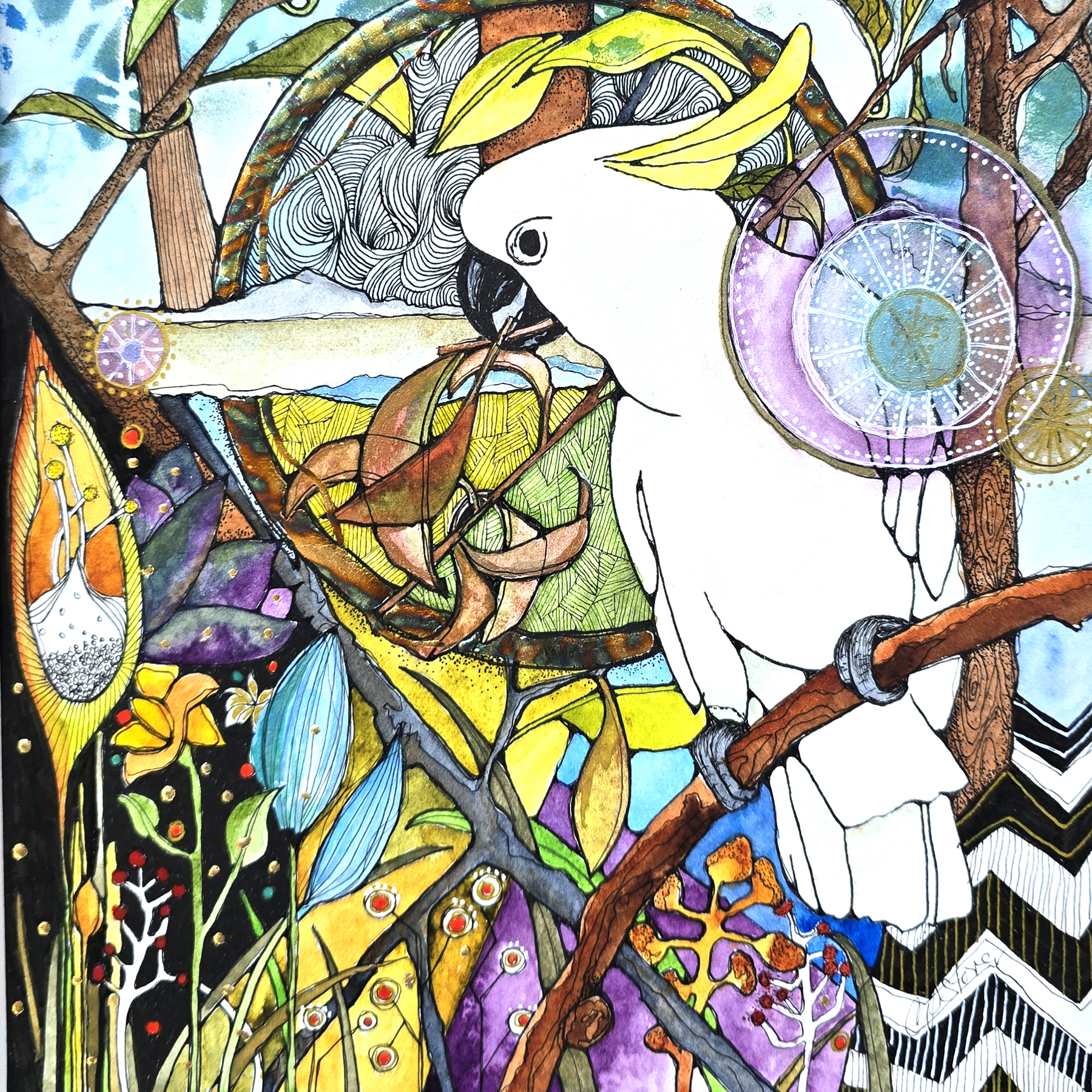 Cockatoo-Kaleidoscope watercolor by Connie Pickering Stover